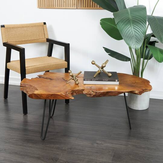 43" Brown Teak Wood Handmade Live Edge Coffee Table with Black Metal Hairpin Legs